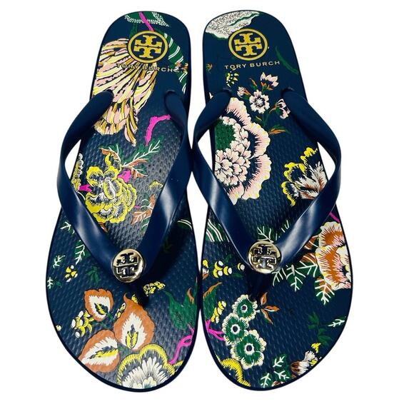 Tory Burch Platform Flip-Flops, floral pattern Montauk Navy/Happy Times. Size 10 - Picture 7 of 8